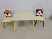 Kids Table And 2 Chairs Set, 3 Pieces Toddler Table And Chair Set, Wooden Activity Play Table Set Bear&Tiger Natural Solid Wood Mdf