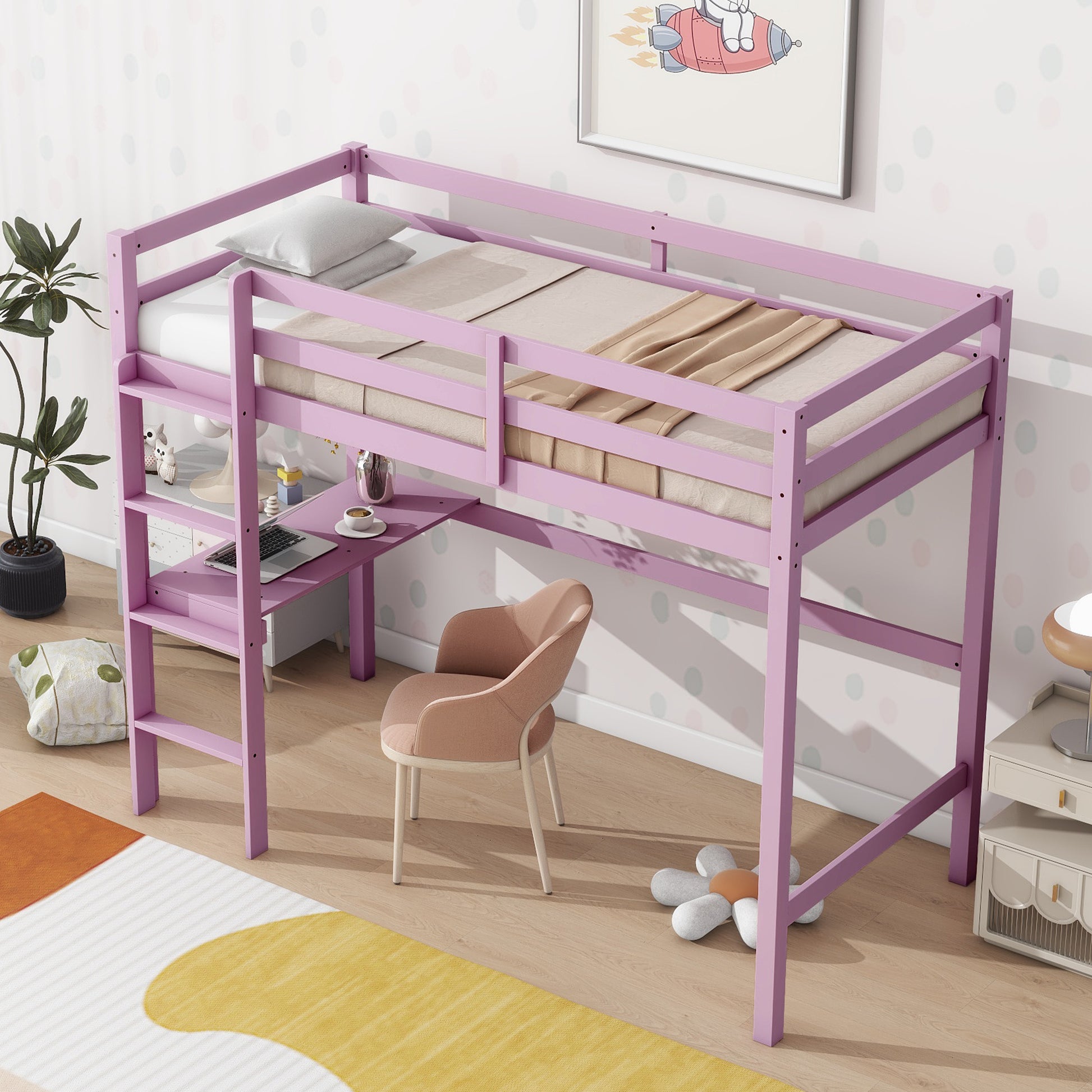 Twin High Loft Bed, Rubber Wood Loft Bed With Safety Guardrail, Built In Desk, Ladder,Pink Twin Pink Abs Rubber Steel Q235 ,Rubber Wood