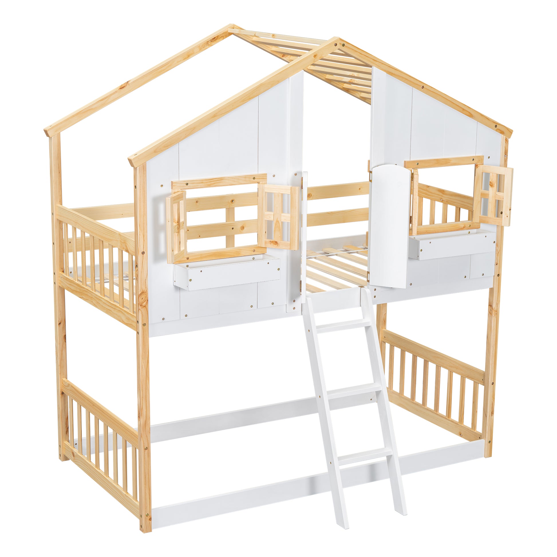 Twin Over Twin House Bunk Bed With Roofwindow, Window Box, Doorwith Safety Guardrails And Ladder, Natural White Twin Natural White Pine