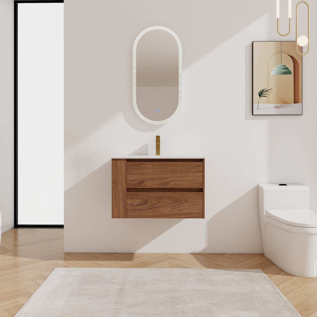 30" Wall Mounting Bathroom Vanity With Ceramic Sink, 2 Soft Close Drawer 2 Brown Oak 1 Bathroom Wall Mounted Modern Plywood