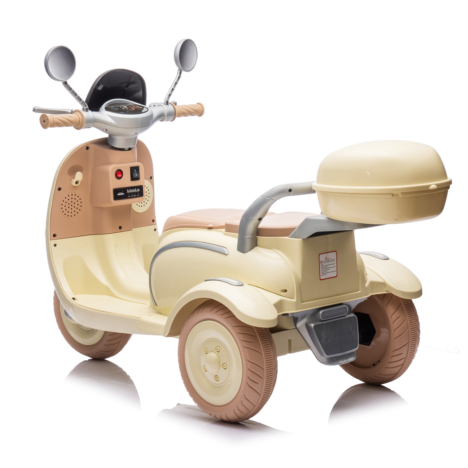 12V Two Seater Kids Ride On Electric Motorcycle,Three Wheels Kids Toy With Slow Start,Multi Function Player,Usb,Bluetooth, Light,Backseat Flip Adult Seat, Oversized Storage Box For Kids Aged 3 6. Beige Plastic