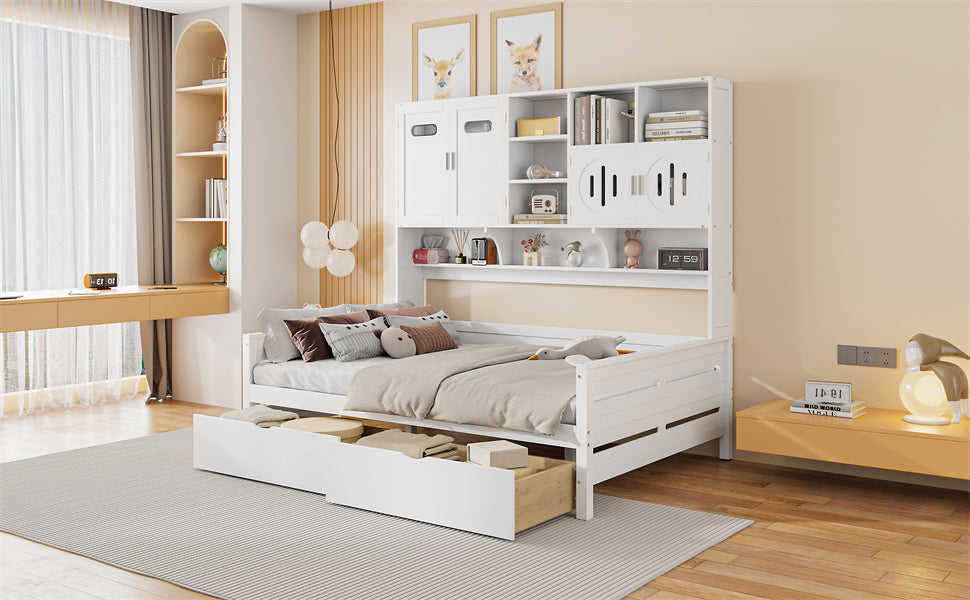 Full Size Wooden Daybed With 2 Drawers, And All In One Cabinet And Shelf, White Full White Wood