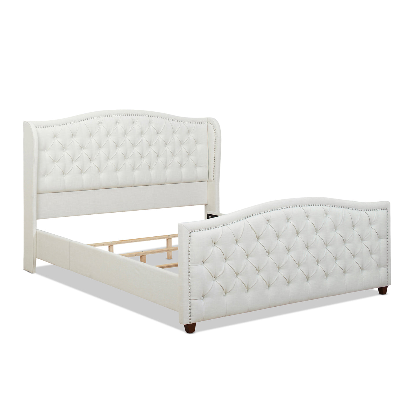 Marcella Upholstered Shelter Headboard Bed Set, King, Antique White Polyester Box Spring Required King Antique White Wood Foam Polyester Polyester