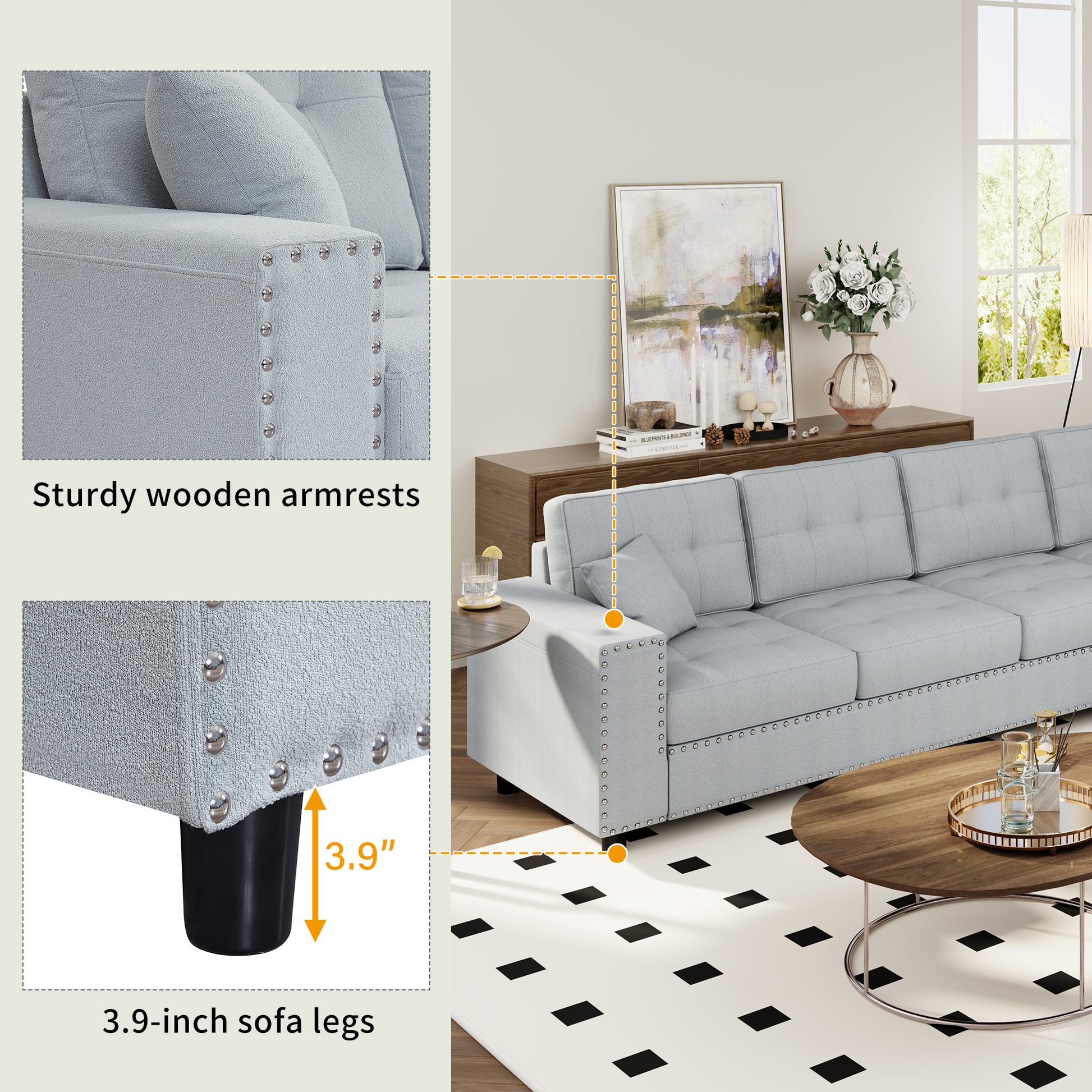 109.2''L Shaped Modular Sectional Sofa With Removable Back Cushions And 2 Pillows, Suitable For Living Rooms, Offices, And Apartments Light Gray Polyester 5 Seat