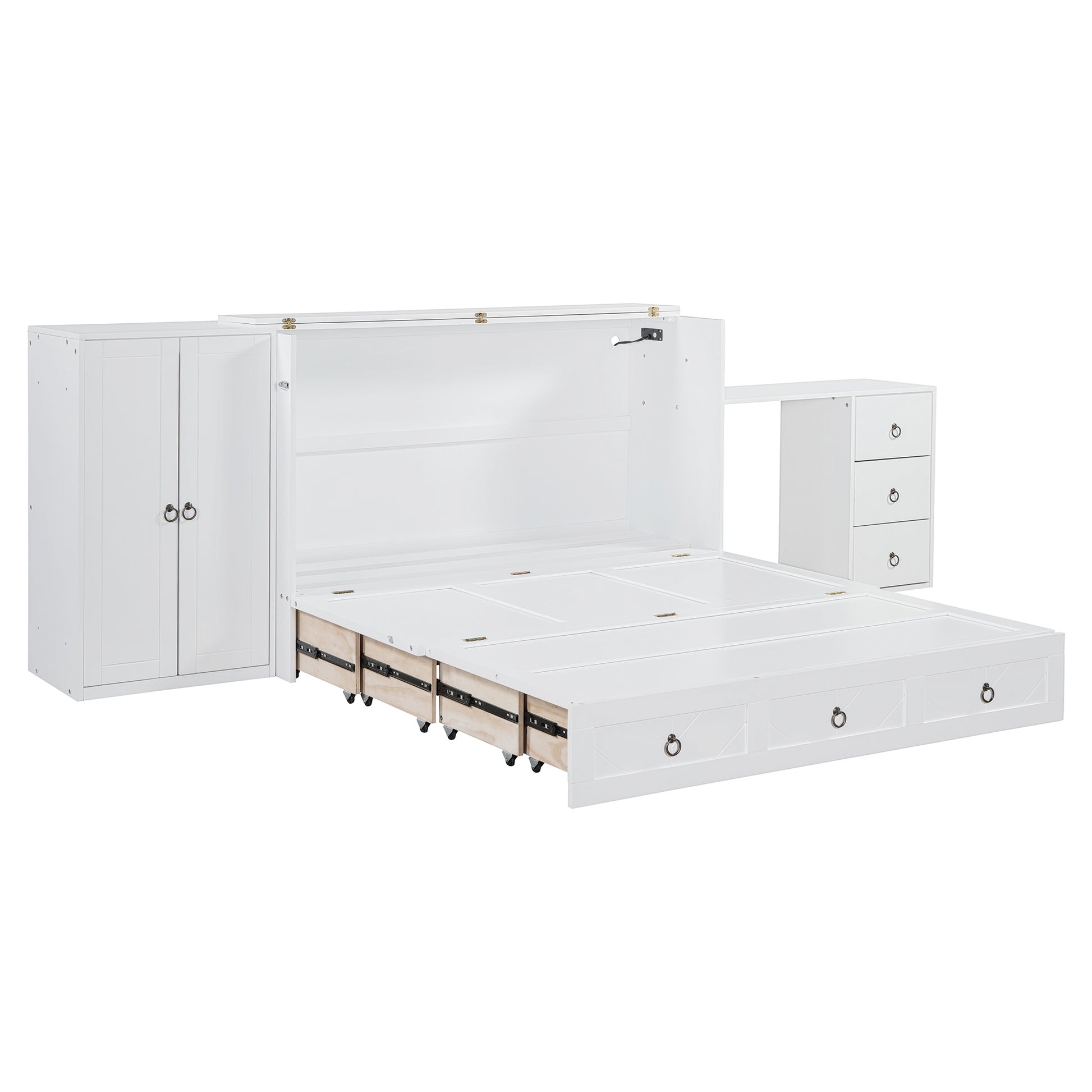 Queen Size Murphy Bed With Usb Port, Large Drawer, And Wardrobe Desk Combo Versatile White Cabinet Bed Queen White Solid Wood Mdf