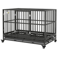 Pawhut 48" Heavy Duty Dog Crate Metal Cage Kennel With Lockable Wheels, Double Door And Removable Tray, Gray Gray Steel