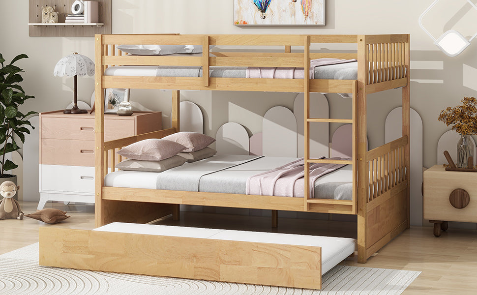 Full Over Full Rubber Wood Bunk Bed With Trundle, Ladder And Guardrails, Convertible To 2 Full Size Beds, With Twin Size Trundle,White Oak Full White Oak Bedroom American Design Bed Frame Rubber