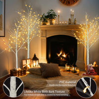Set Of Lighted Birch Tree, 4Ft 48 Led 5Ft 72 Led 6Ft 96 Led Artificial Tree With Warm White Lights, Christmas Tree For Decoration Inside And Outside White Pvc