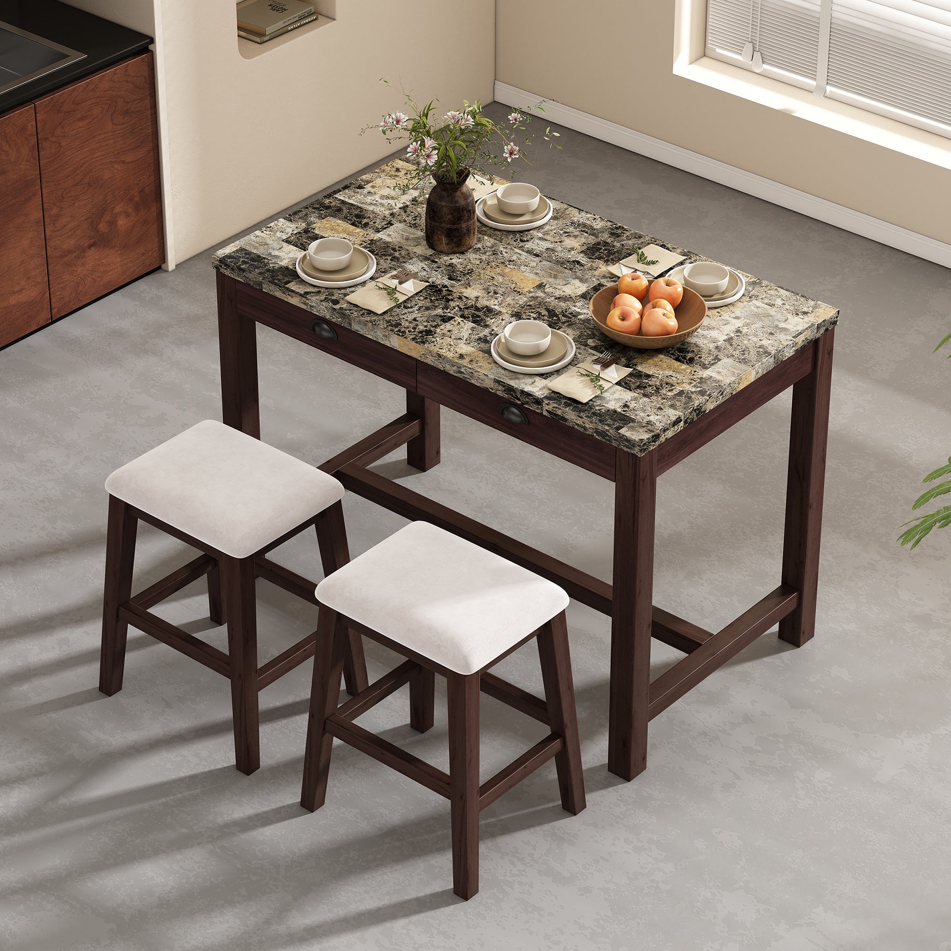 3 Piece Modern Faux Marble Versatile Bar Table Set With Storage Drawers And Padded Stools, Ideal For Space Saving Dining Nooks Or Small Kitchens Walnut Walnut Solid Wood Mdf