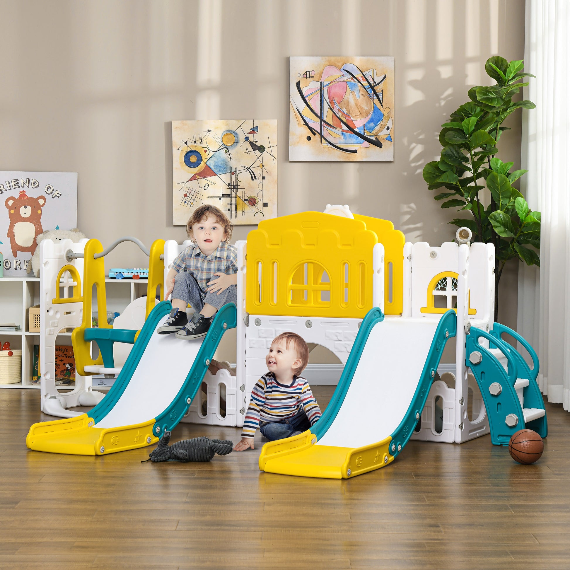 Qaba 8 In 1 Toddler Slide And Swing Set With 2 Slides, Baby Slide For Ages 1 3 With Basketball Hoop, Climber, Aisle, Steering Wheel, Storage Space, Telescope, Indoor Playground, Yellow Yellow Plastic