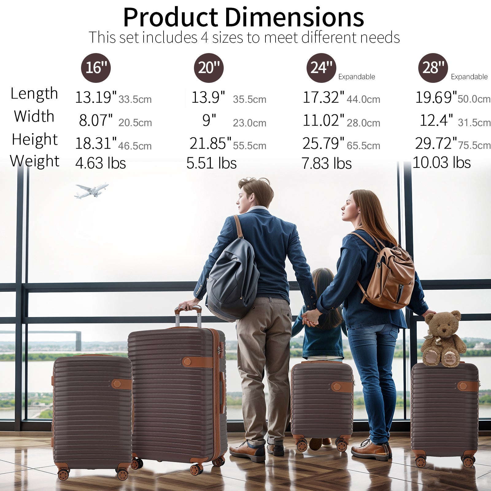 4 Piece Luggage Set Suitcase Set, Abs Hard Shell Lightweight Expandable Travel Luggage With 4 Packing Cubes, Tsa Lock, Spinner Wheels For Men Women 16 20 24 28 Brown Abs