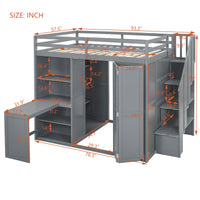 Full Size Bunk Bed With Wardrobe,Desk And Shelves,Grey Grey Mdf Lvl