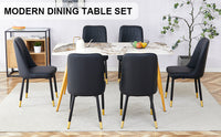 Table And Chair Set.Modern Minimalist Dining Table. White Imitation Marble Pattern Sintered Stone Desktop With Golden Metal Legs.Paried With 6 Comfortable Chairs With Pu Seats And Black Metal Legs.