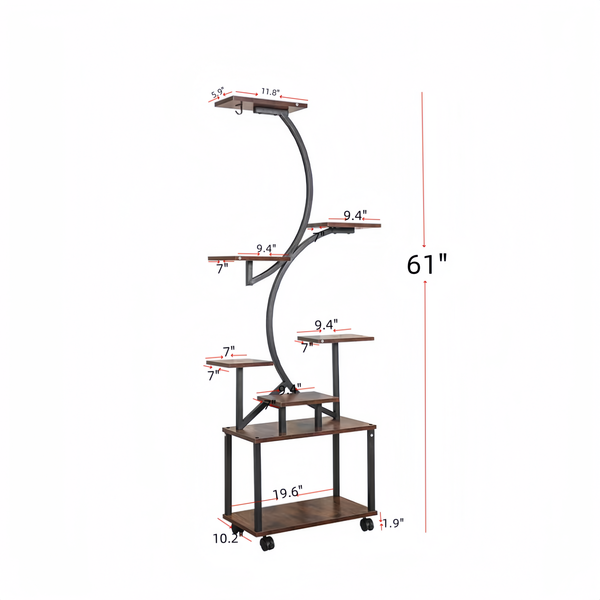 Plant Stand Indoor With Grow Lights, 8 Tiered Indoor Plant Shelf, 61" Tall Plant Stand For Indoor Plants Multiple, Metal Plant Flower Holder Stand, S Shaped Plant Rack For Home, Patio Black Black Dark Walnut Mdf Metal