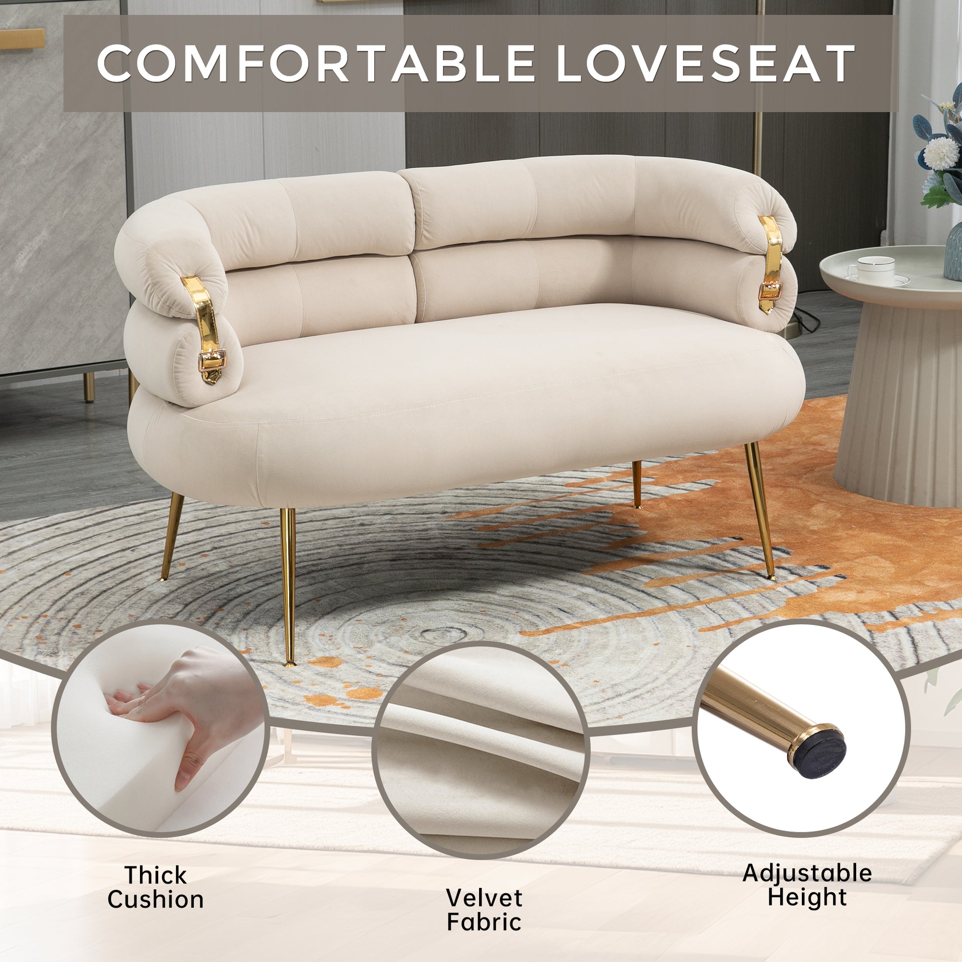 Coolmore Small Loveseat Sofa, Upholstered Mini Couch With Curved Backrest With Stylish Golden Decor, Small Comfy Beautiful Seat Leisure Accent Couch For Living Room, Bedroom, Office Beige Beige Foam Velvet