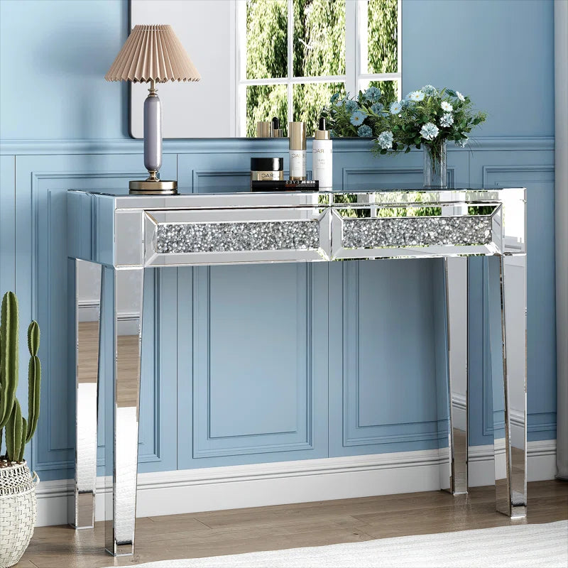 Mirrored Vanity Table Diamond Inlay 2 Drawer Silver Drawer 2 Drawers Bedroom Luxury,Modern Mirrored Finish Mirrored Mdf Glass,Mirror