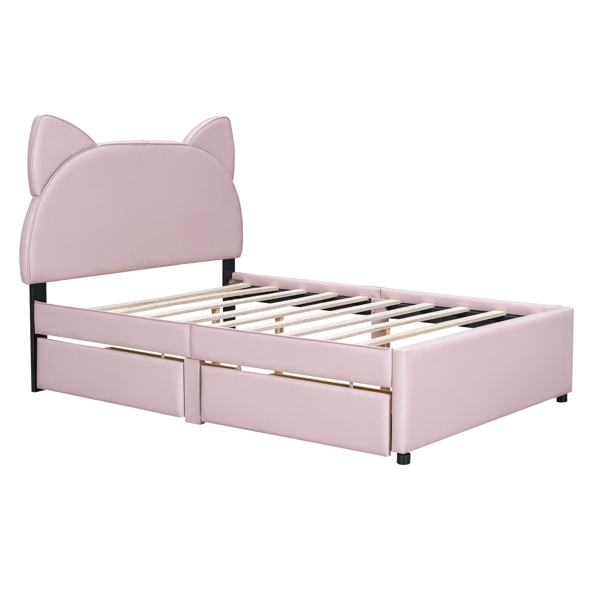 Full Size Upholstered Platform Bed With Cartoon Ears Shaped Headboard And 2 Drawers, Pink Box Spring Not Required Full Pink Wood Bedroom Bed Frame Faux Leather Upholstered