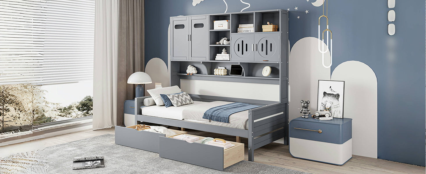 Twin Size Wooden Daybed With 2 Drawers, And All In One Cabinet And Shelf, Gray Twin Gray Wood