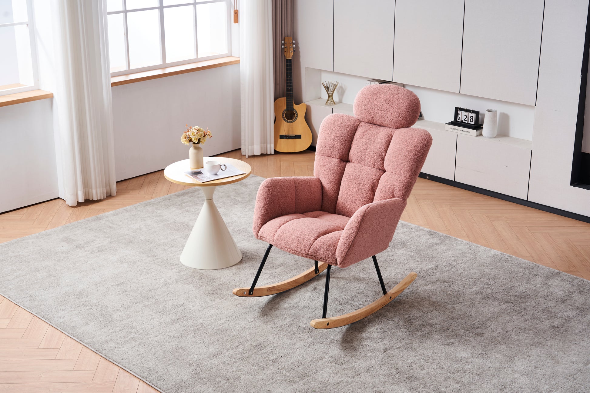 055 Teddy Fabric Upholstered Nursery Rocking Glider Chair Mid Century Modern Accent Arm Chair Padded Seat With High Backrest And Pillows For Living Room Bedroom Offices Pink Teddy Headrest Solid