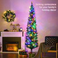 Homcom 7Ft Tall Pencil Prelit Artificial Christmas Tree Holiday D Cor With 499 Branches, 180 Colorful Led Lights, Steel Base, Green Green Plastic