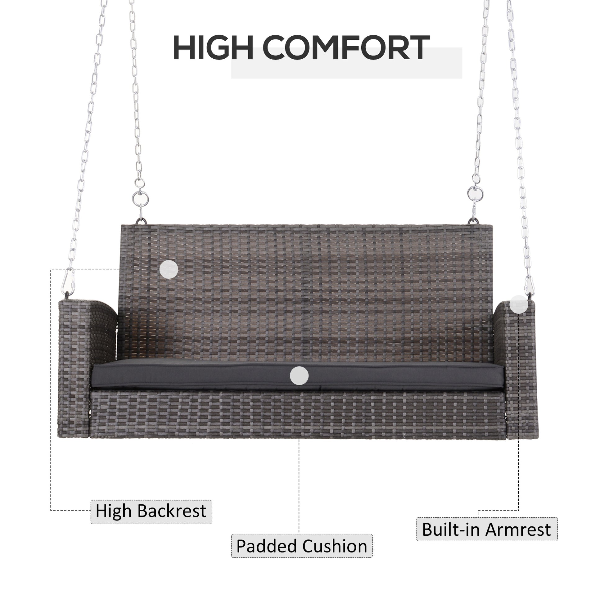 Outsunny 2 Person Wicker Hanging Swing Bench, Front Porch Swing Outdoor Chair With Cushions 550 Lbs. Weight Capacity For Backyard, Garden, Grey Gray Rattan