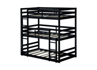 Triple Rubber Wood Bunk Bed With Two Built In Ladders, Guardrails, Twin Over Twin Over Twin, Detachable Triple Twin Bunk Bed,Black Twin Black Bedroom American Design Bed Frame Rubber Wood