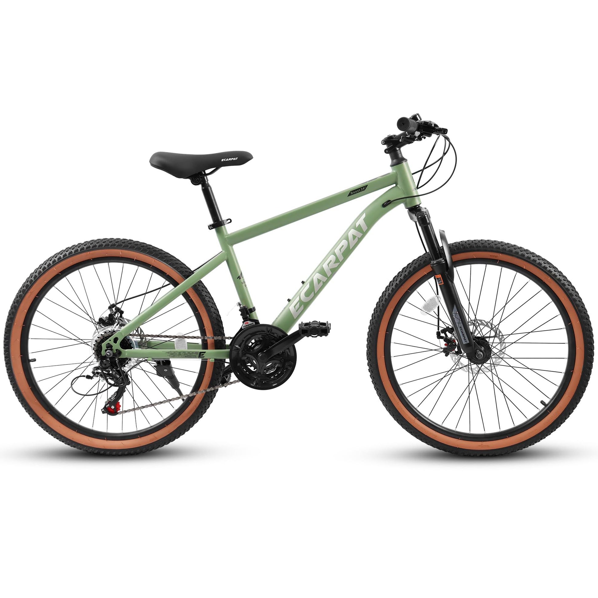 A24301 Ecarpat Mountain Bike 24 Inch Wheels, 21 Speed Mens Womens Trail Commuter City Mountain Bike, Carbon Steel Frame Disc Brakes Thumb Shifter Front Fork Bicycles Green Carbon Steel