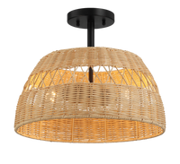 Twinkle Double Lights Semi Flush With Rattan Shade Black Metal Finish For Farmhouse Style Black,Rattan Ceiling Lights Farmhouse Metal,Rattan