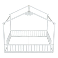 Double Twin House Style Floor Bed With Fence, Guardrails, Without Door, White Twin White American Design Pine