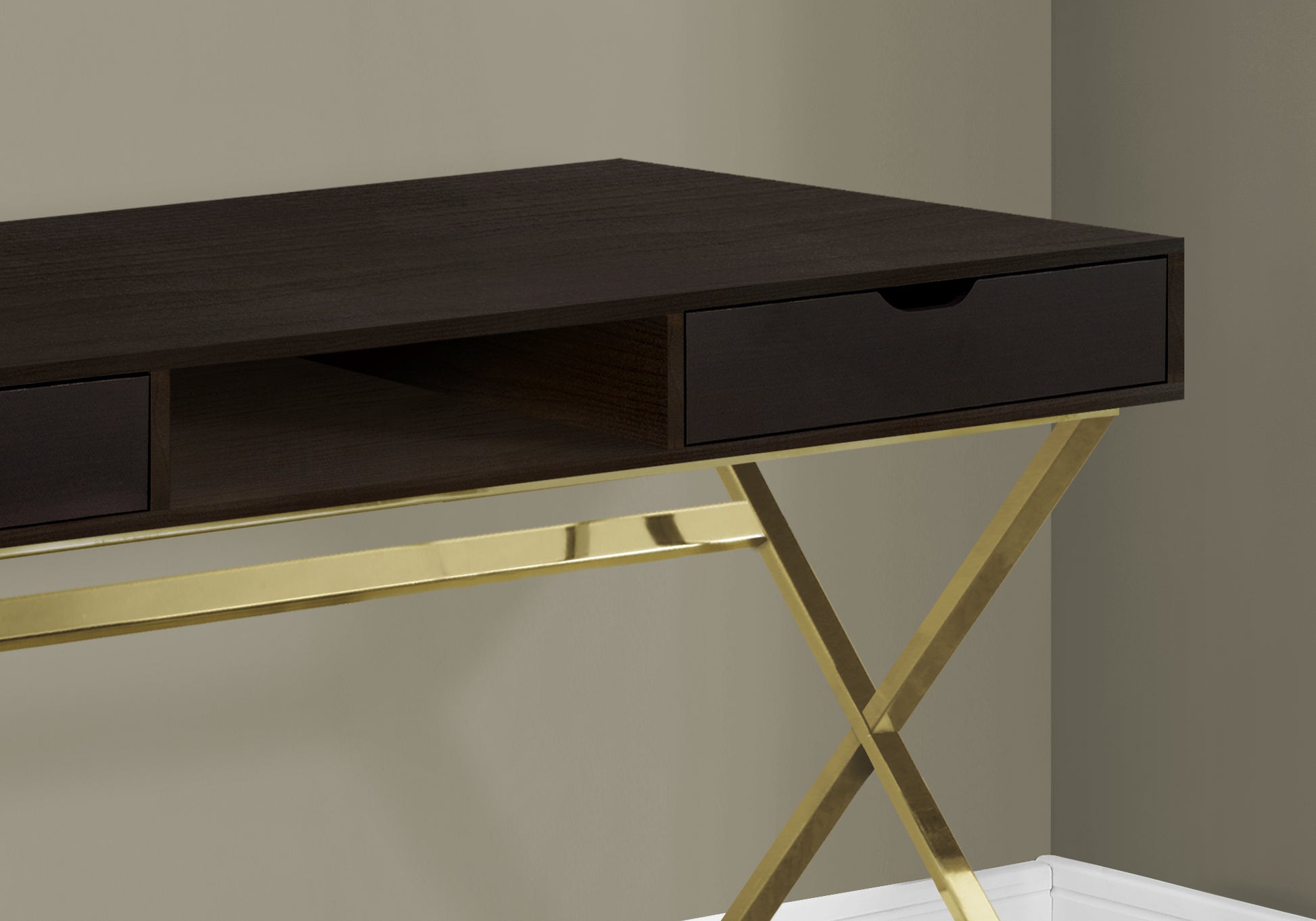 Computer Desk, Home Office, Laptop, Storage Drawers, 48"L, Work, Brown Laminate, Gold Metal, Contemporary, Modern Espresso Particle Board