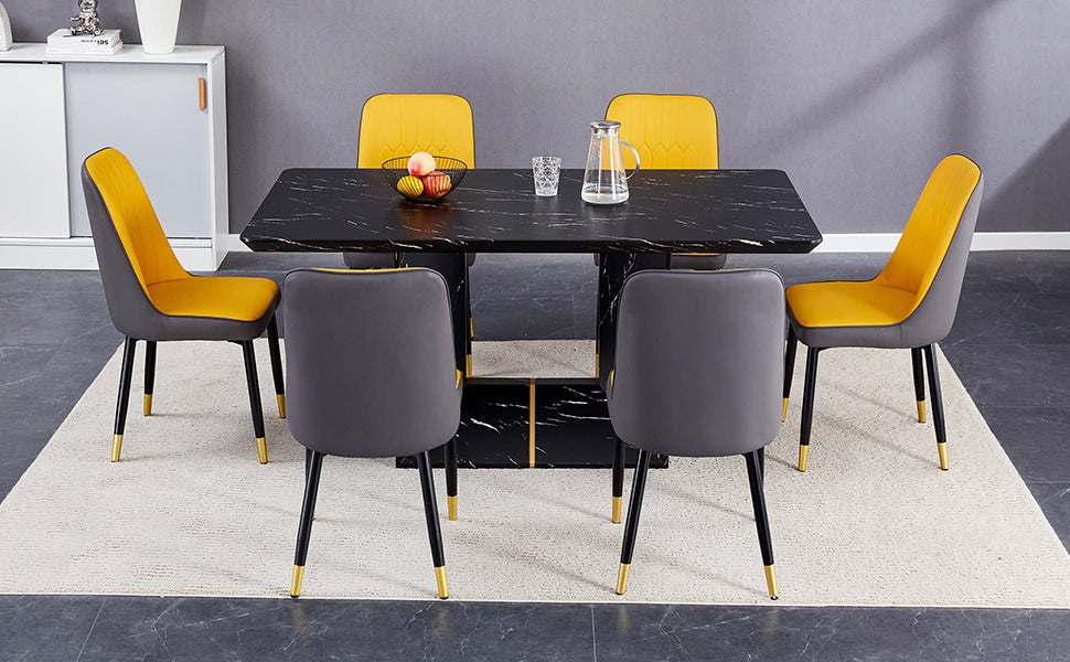 Table And Chair Set.This Modern Dining Table With Mdf Marbled Design Gives You A Luxurious And Elegant Feel.Paired With Multiple Chairs With Pu Artificial Leather Backrest Cushions And Black Legs.