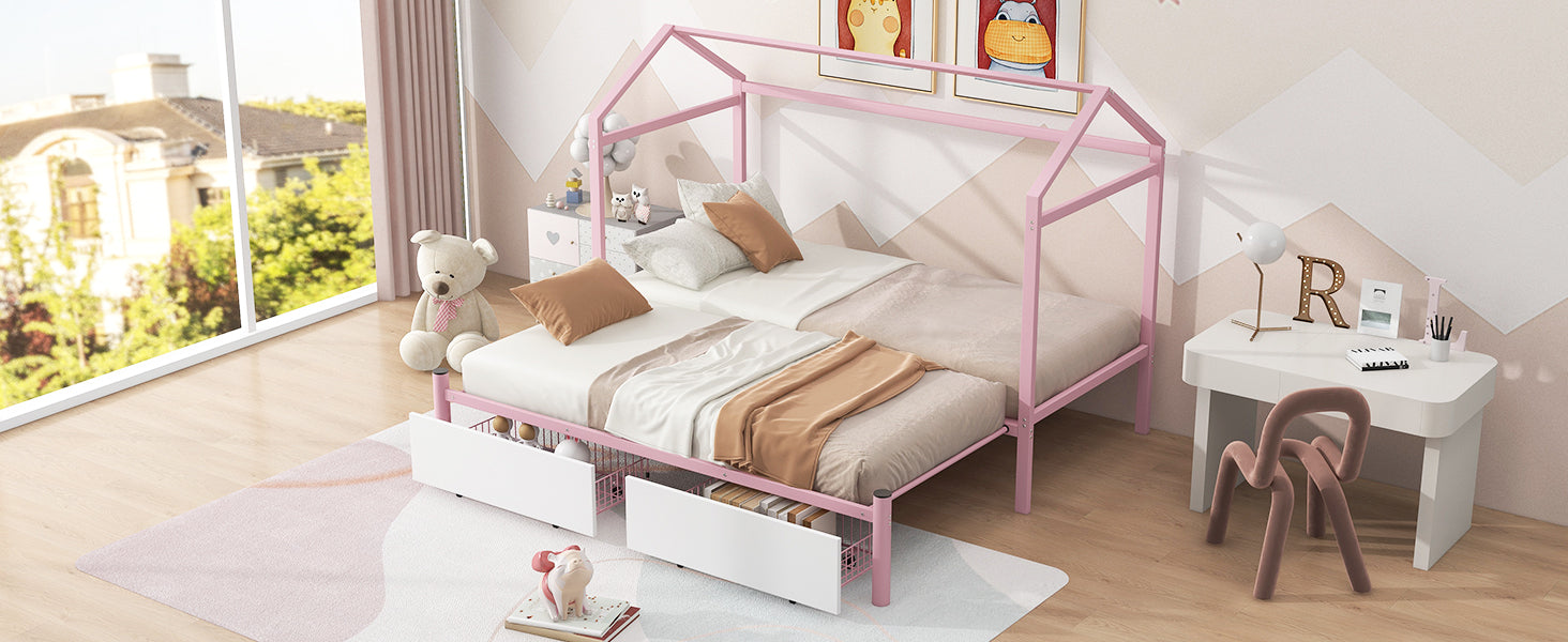 Twin Xl To King Metal Twin Size House Platform Bed With 2 Drawers, Pink Box Spring Not Required Twin Xl Pink Metal Bed Frame Metal