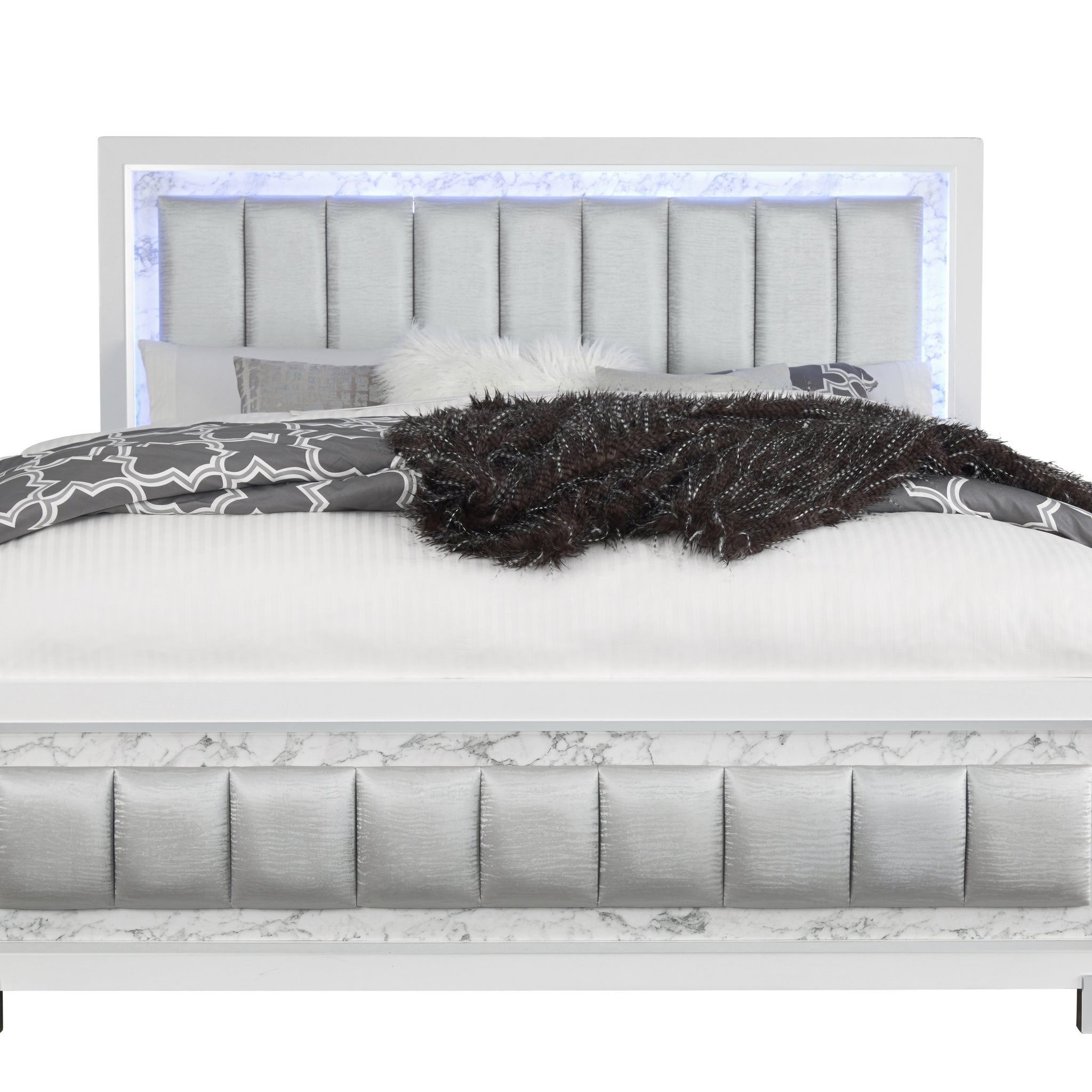 Skye Marble White King Bed White Solid Wood Mdf