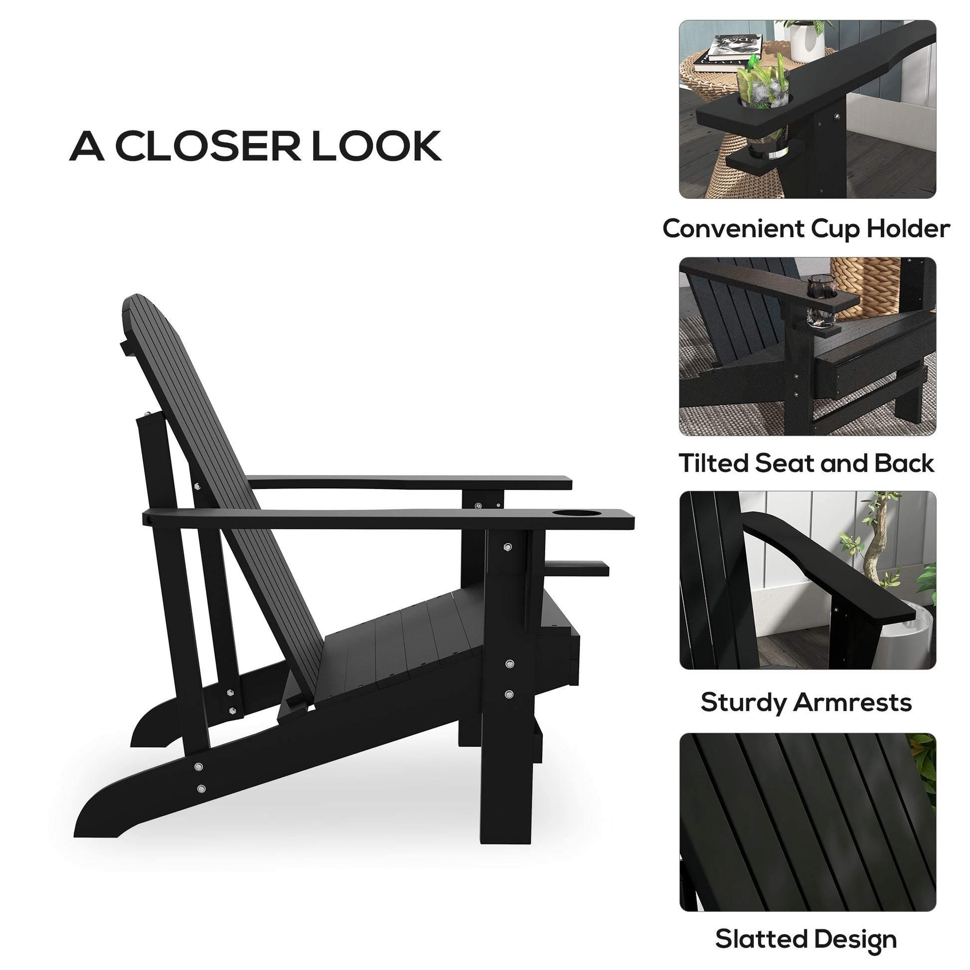 Outsunny Wooden Adirondack Chair, Outdoor Patio Lawn Chair With Cup Holder, Weather Resistant Lawn Furniture, Classic Lounge For Deck, Garden, Backyard, Fire Pit, Black Black Wood