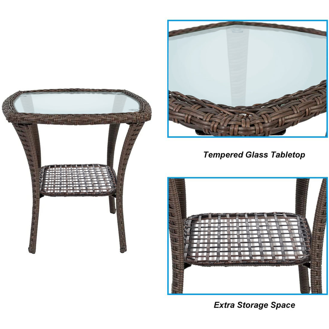 Outdoor Side Table, Indoor Outdoor Glass Top Wicker Coffee Bistro Table, All Weather Patio Square Storage End Table, Steel Frame, 20''X 20''X20'' Brown Rust Resistant Frame Steel