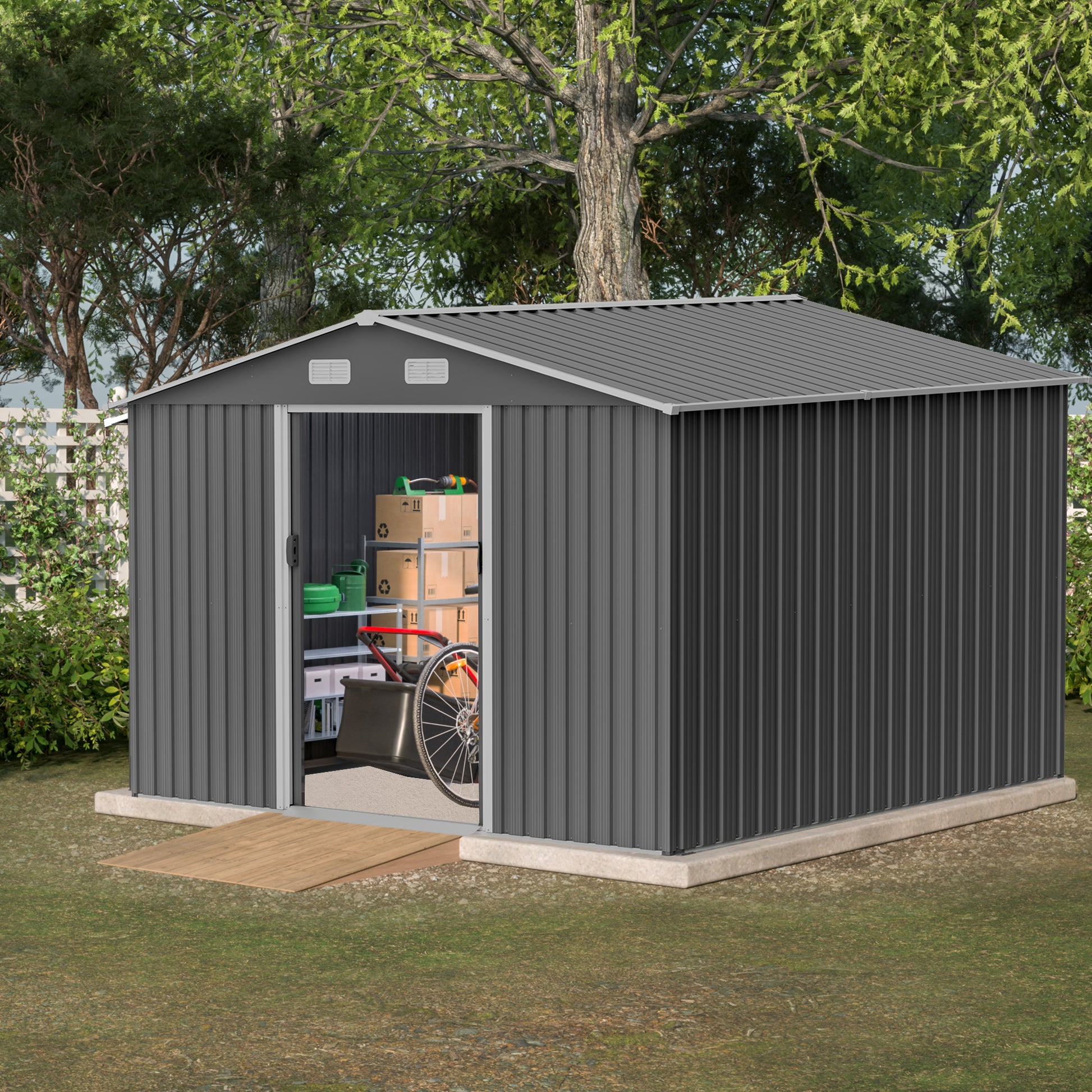 10X8 Ft Outdoor Storage Shed, Metal Foundation & Lockable Doors, Tool Shed For Garden, Patio, Backyard, Lawn, Grey Gray Metal