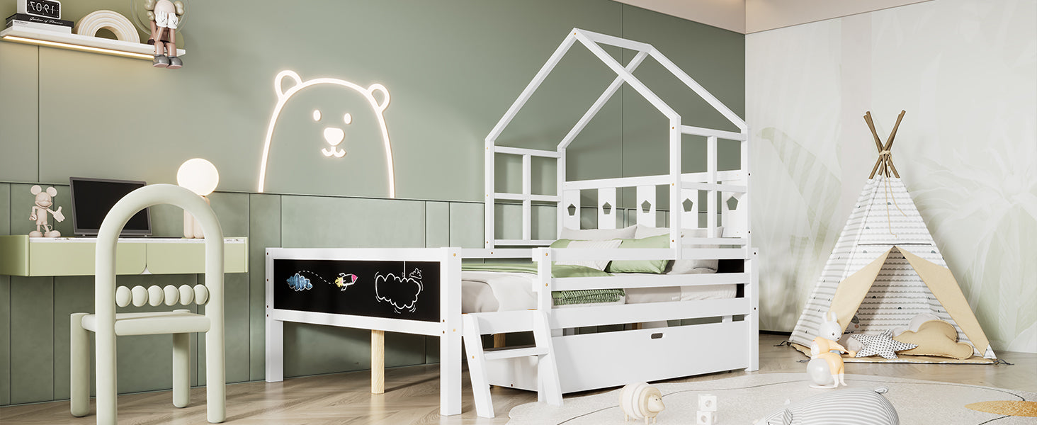 Full Size House Bed With Ladder And Storage Drawers For Kid Bedroom,Solid Wood Platfrom Bedframe With 2 Blackboard Design, No Box Spring Needed, White Full White Partice Board Mdf Pine Wood