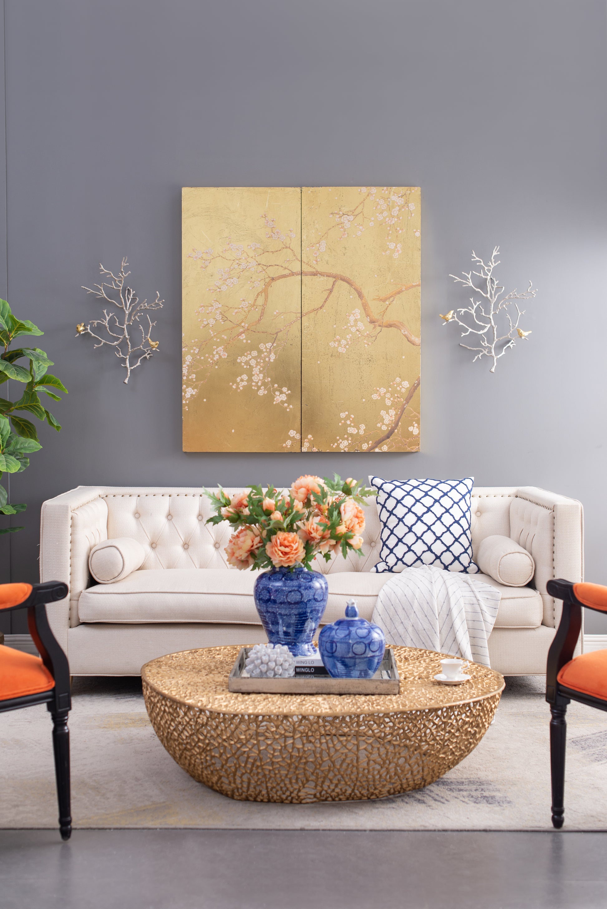 17X5.5X22" Metal Branch Wall Sculptures With Bird Accents, Set Of 2 Silver Multi Aluminium