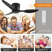 40" Flush Mount Ceiling Fan Without Light, 3 Reversible Blades, With 6 Speeds Reversible Dc Motor,Low Profile Ceiling Fan With No Light For Living Room Kitchen Bedroom Black Classic Abs Steel Q235