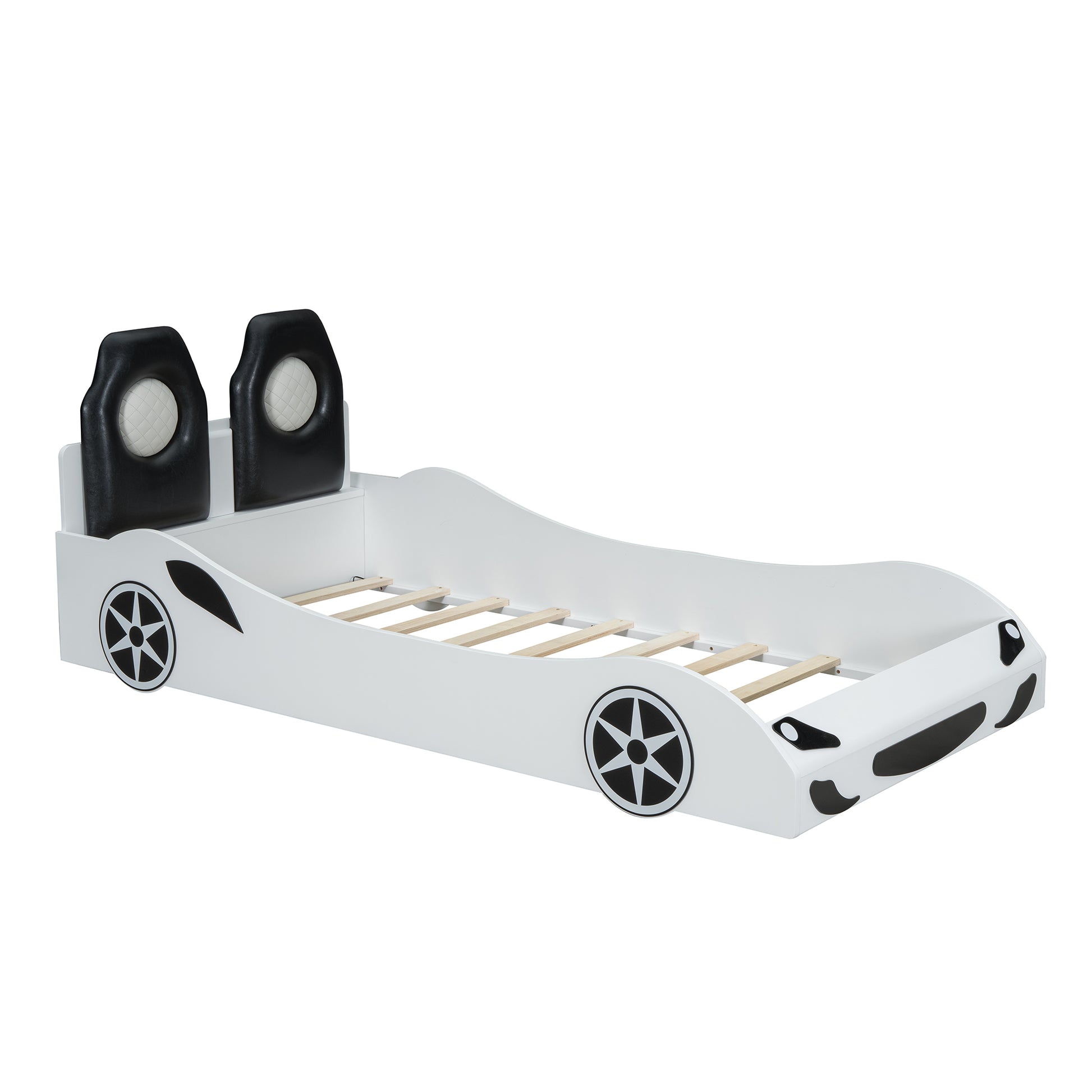 Wood Twin Size Race Car Shaped Platform Bed With Led And Upholstered Backrest, White Expected Arrival Time: 10.28 Box Spring Not Required Twin White Wood Faux Leather,Solid Wood Mdf