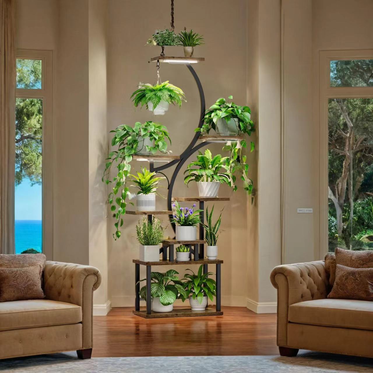 Plant Stand Indoor With Grow Lights, 8 Tiered Indoor Plant Shelf, 61" Tall Plant Stand For Indoor Plants Multiple, Metal Plant Flower Holder Stand, S Shaped Plant Rack For Home, Patio Black Black Dark Walnut Mdf Metal