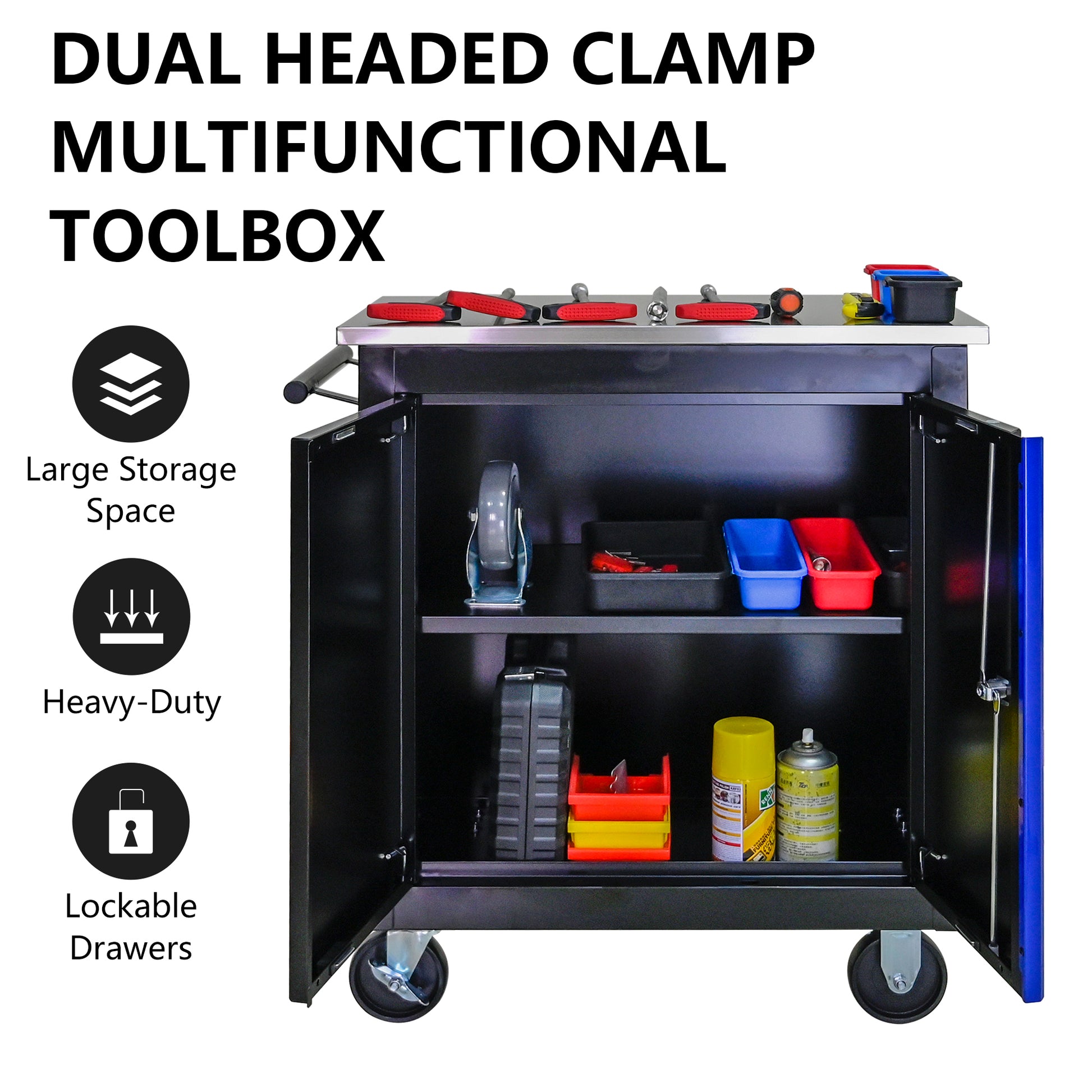 Double Door Clapboardl Multi Function Tool Cart Blak Blue Black Blue Steel