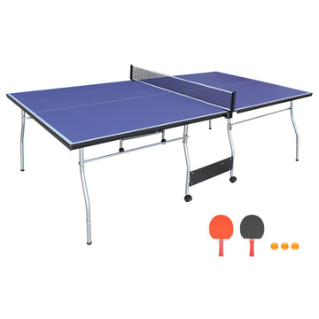 8Ft Mid Size Table Tennis Table Foldable & Portable Ping Pong Table Set For Indoor & Outdoor Games With Net, 2 Table Tennis Paddles And 3 Balls Blue Mdf