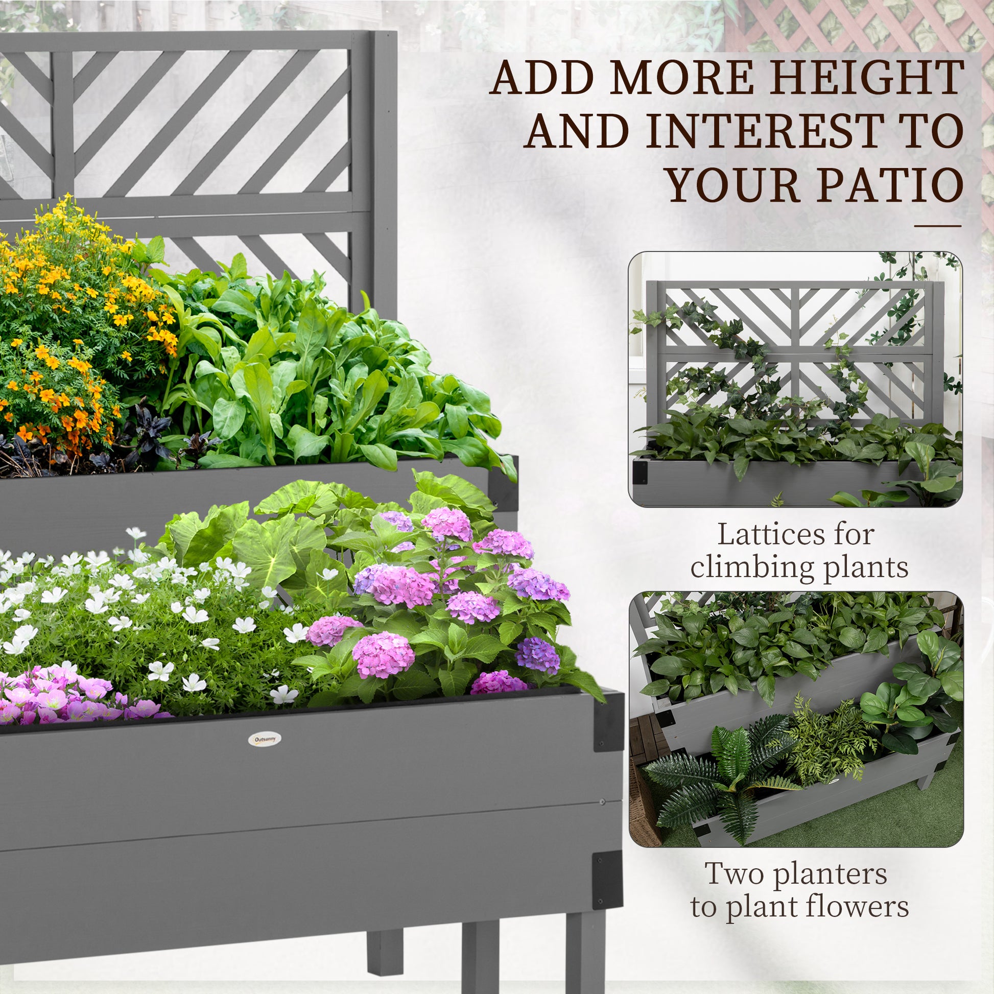 Outsunny Raised Garden Bed With Trellis, 2 Tier Wooden Elevated Planter Box With Legs And Metal Corners, For Vegetables, Flowers, Herbs, Gray Gray Wood