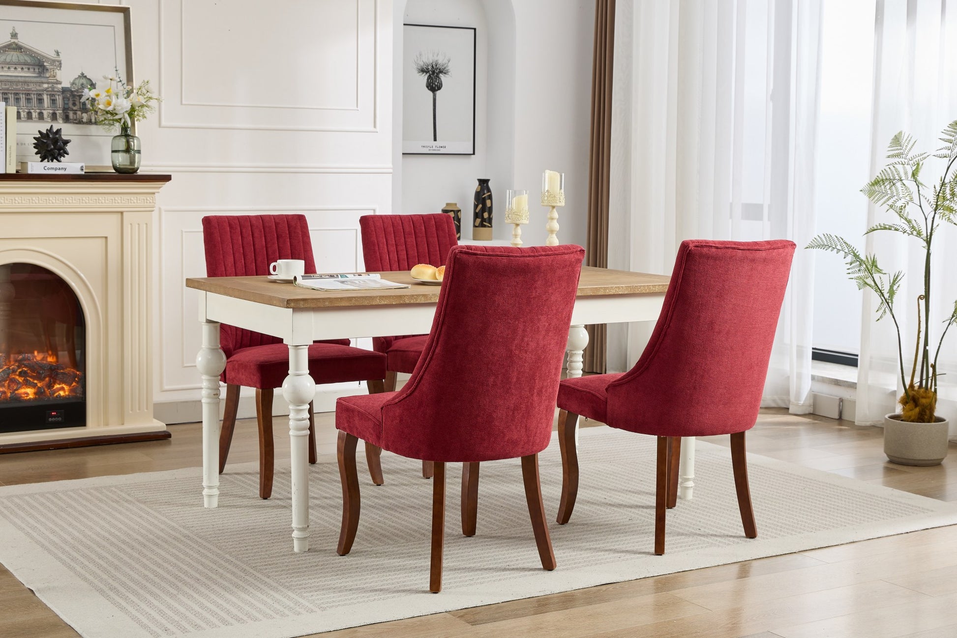 Rayon Cloth Flocking Linen Dining Chairs Channel Kitchen Dinner Chair Comfy Fabric Upholstered Accent Chair For Dining Room With Curved Solid Wood Legs,Set Of 2 Wine Red , Sw1847Wr Wine Red Light