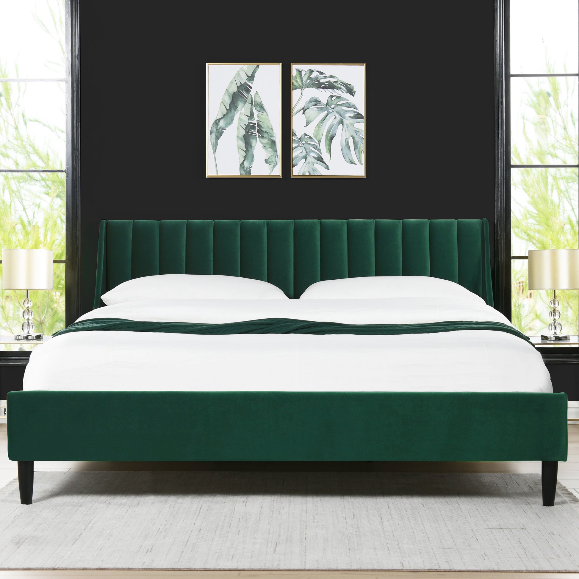 Aspen Vertical Tufted Modern Headboard Platform Bed Set, King, Evergreen Velvet Box Spring Not Required King Green Wood Foam Velvet Velvet