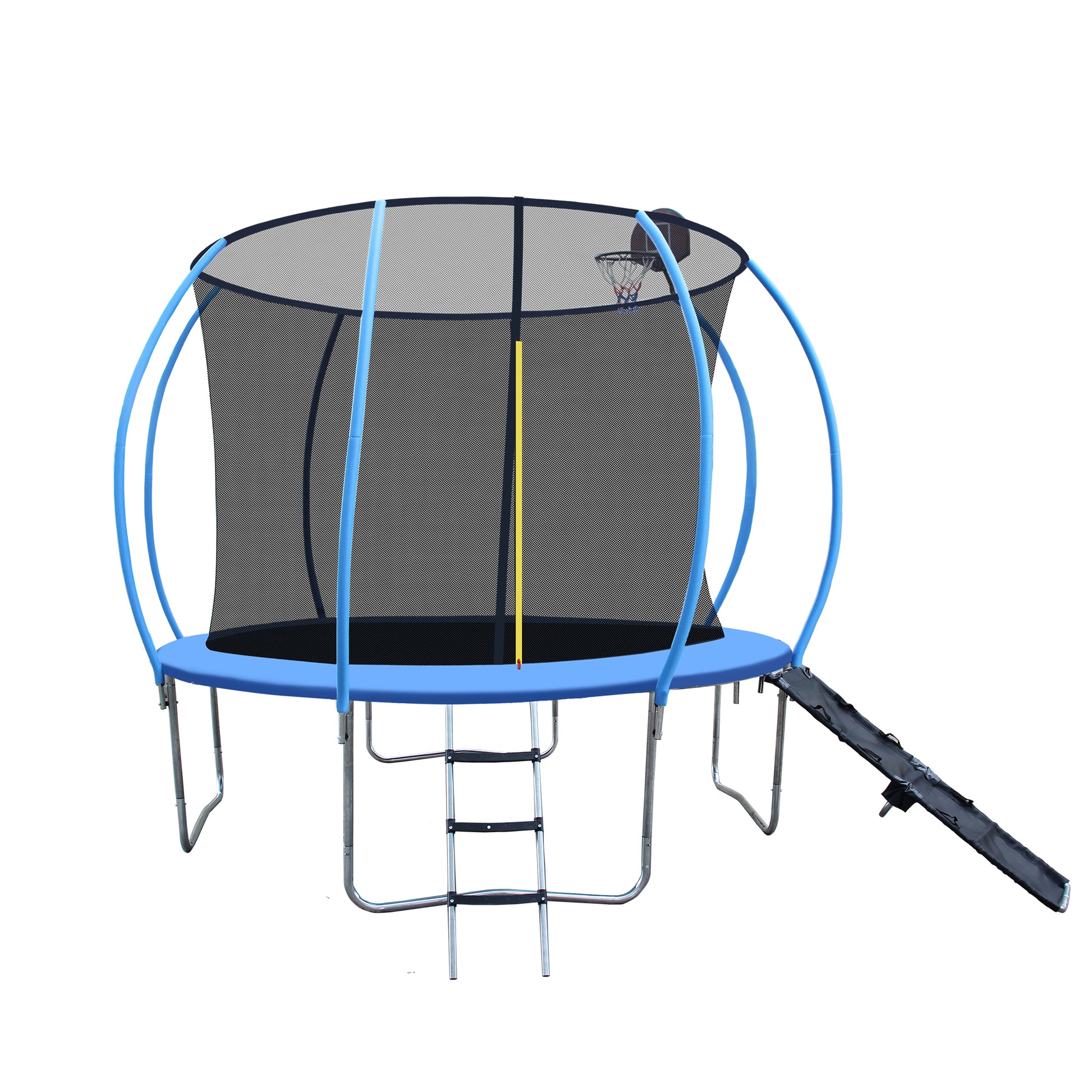 12Ft Trampoline With Enclosure Recreational Trampolines With Ladder And Anti Rust Coating, Pumpkin Shaped Trampoline With Slide And Basket Board, Astm Approval Outdoor Trampoline For Kids Black Blue