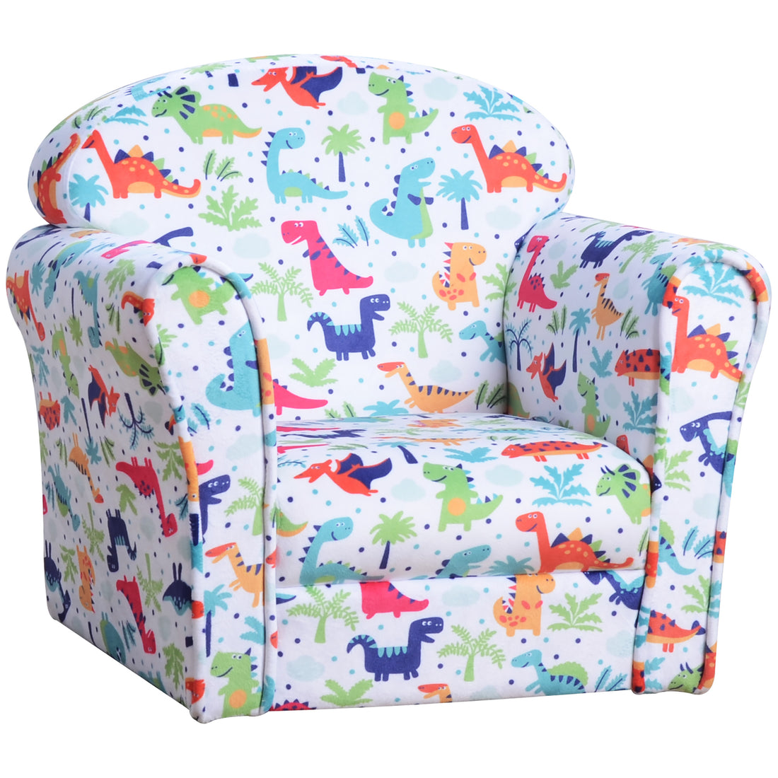 Qaba Kid'S Sofa Chair With Dinosaur Design And Thick Padding, Flannel Covered Toddler Armchair For Bedroom, Playroom Multicolor Wood