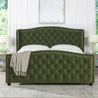 Marcella Upholstered Shelter Headboard Bed Set, King, Olive Green Performance Velvet Box Spring Required King Olive Green Wood Foam Velvet Velvet