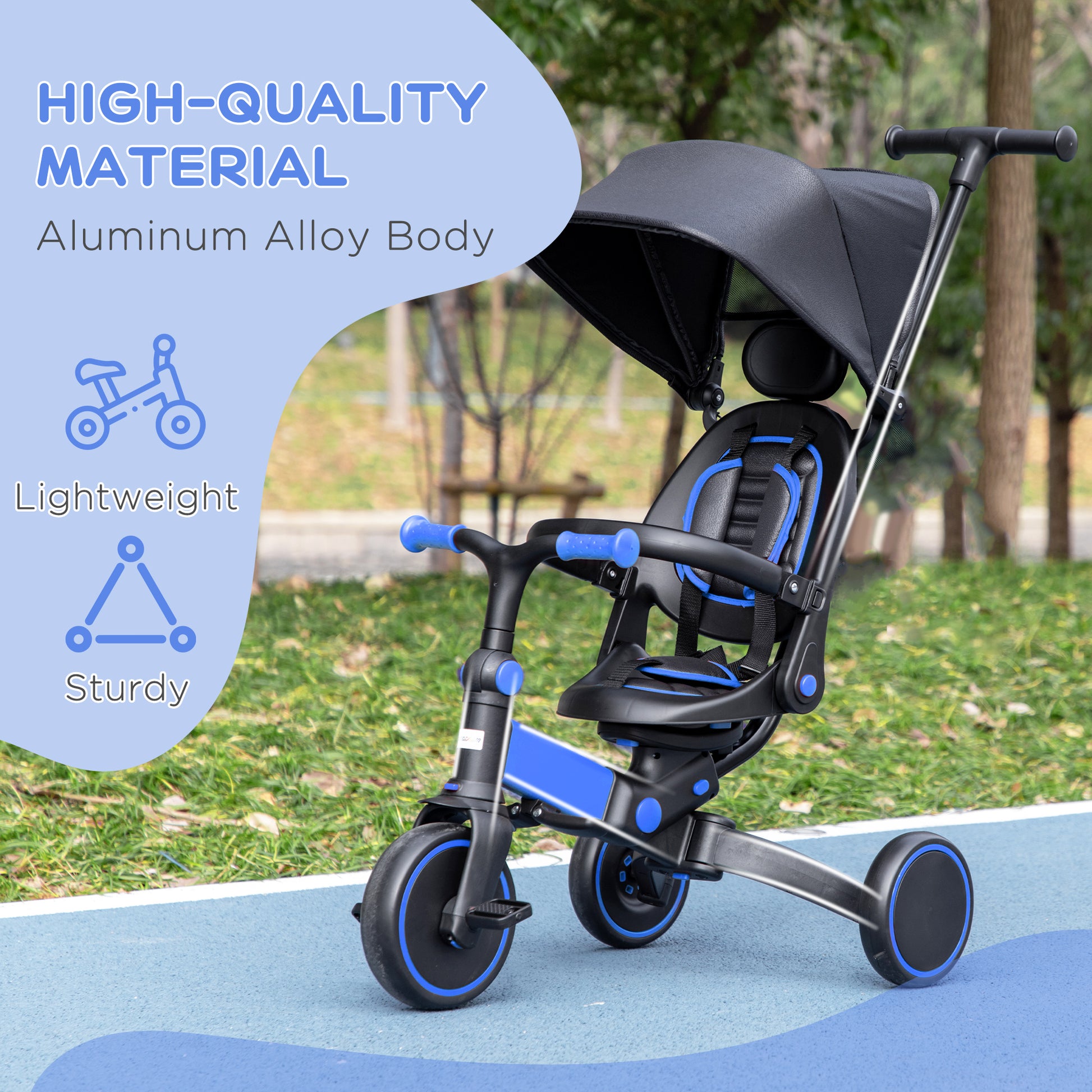 Qaba 3 In 1 Toddler Trike, Push Tricycle, & Balance Bike With Adjustable Settings, Toddler Push Bike, Baby Bike With Shady Canopy, Ages 1.5 4, Blue Blue Aluminium Alloy